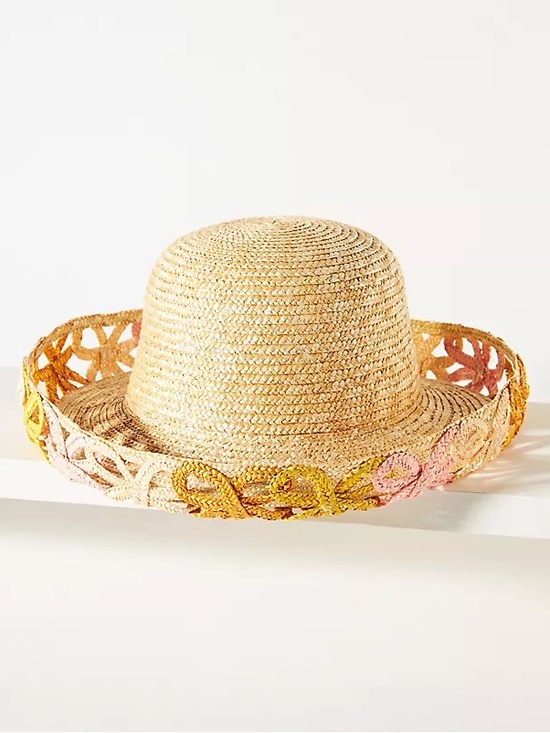 Anthropologie Accessories - Anthropologie Straw Sun Hat with Pink and Yellow Trim